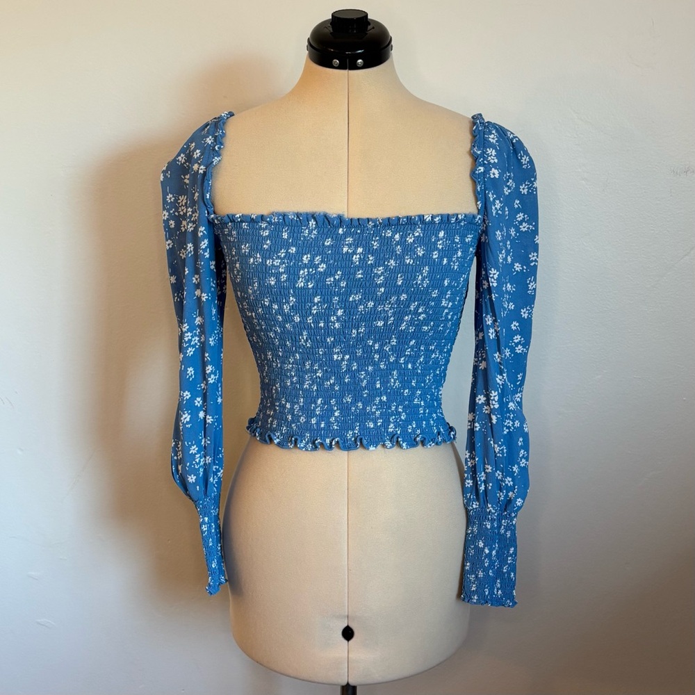 Reformation Pinto Top in Lassen Blue, Smocked, Puff Long Sleeve Dainty Floral, S